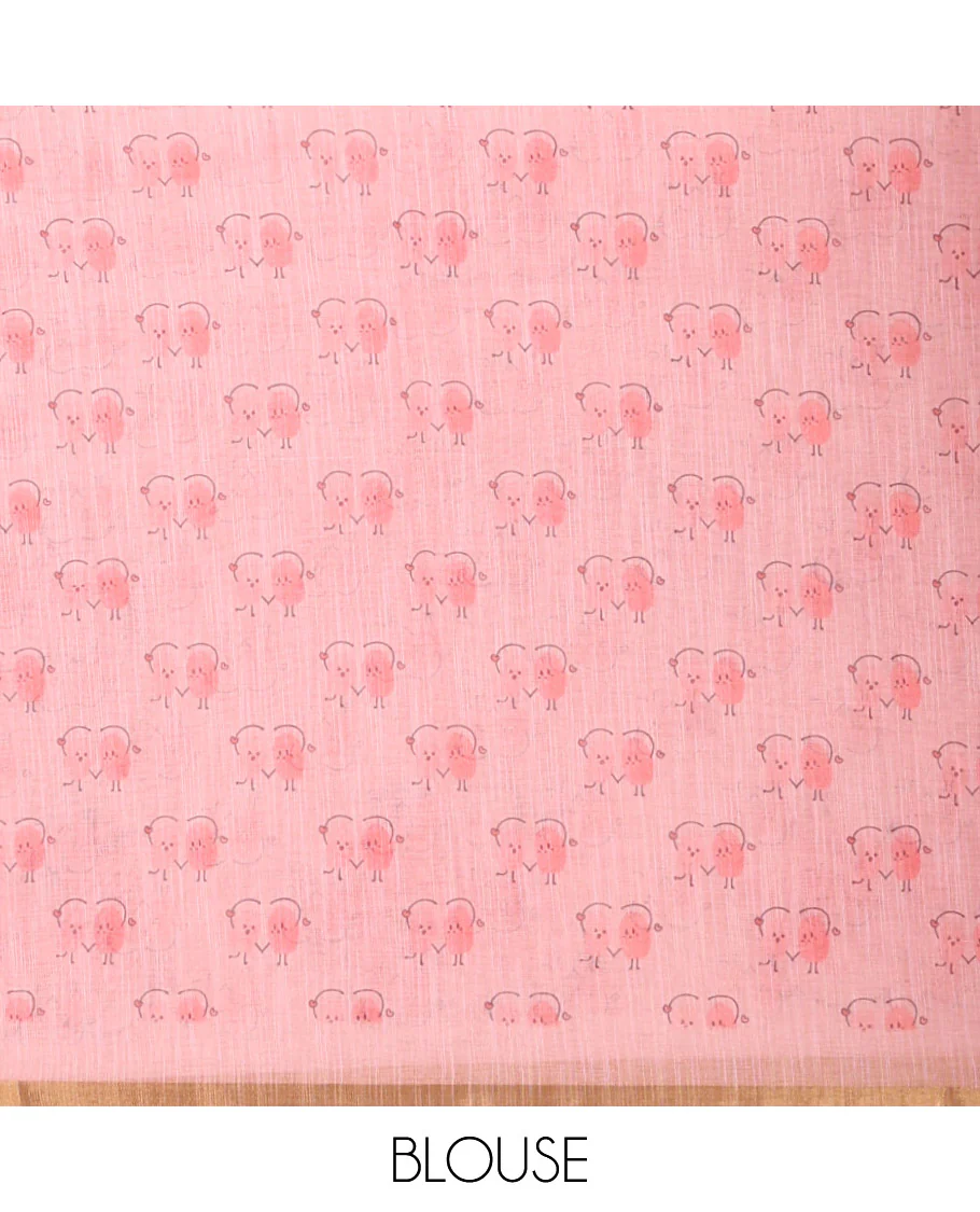 Peach Linen Cotton Saree, Creatively Printed with Thumb Finger Printed Cartoon-Theme Print on Its Body, a Subtle Piping Border, a Self-Printed Pallu, and Paired with a Matching Blouse - Image 3