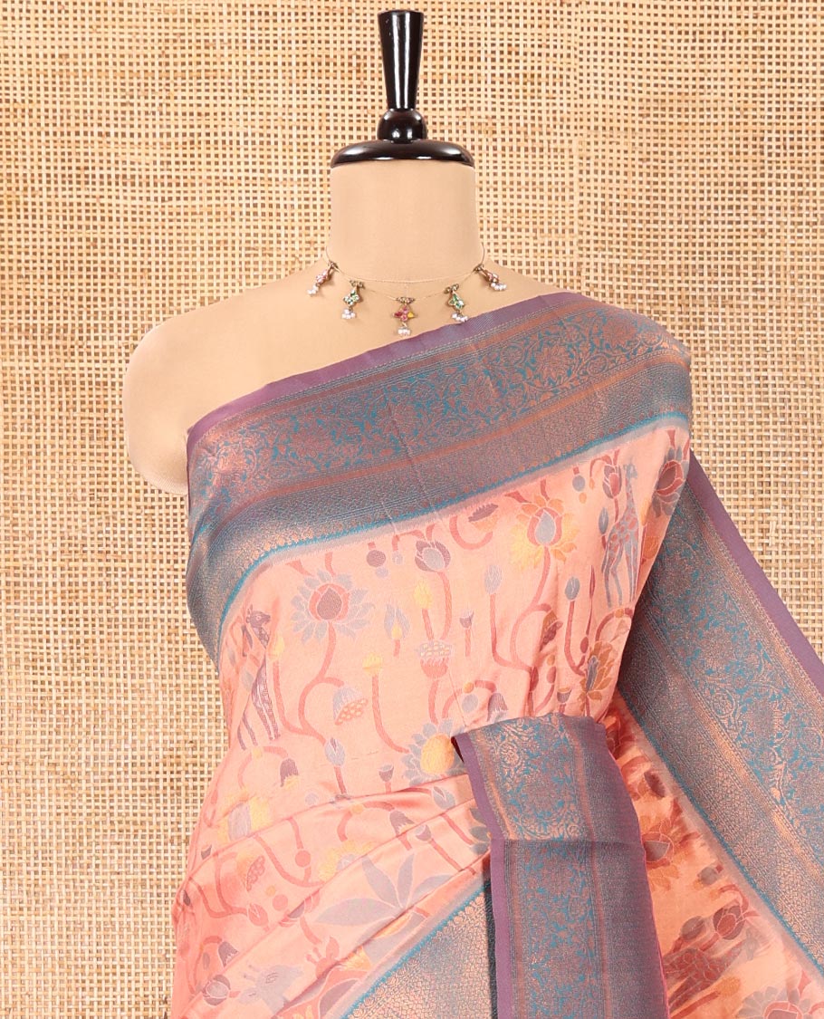 Peach Litchi Saree, Artfully Decked Up with Floral and Giraffe Designs in Resham Thread and Zari, Complemented by Contrast Floral Zari Border, Grand Jaal Design Pallu, and Paired with a Contrast Blouse - Image 2