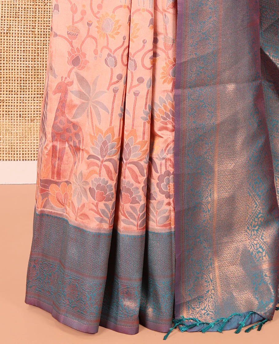 Peach Litchi Saree, Artfully Decked Up with Floral and Giraffe Designs in Resham Thread and Zari, Complemented by Contrast Floral Zari Border, Grand Jaal Design Pallu, and Paired with a Contrast Blouse - Image 3