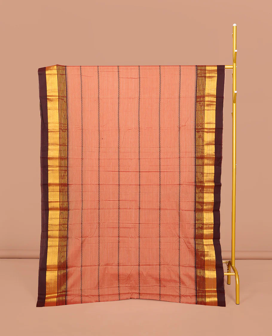 Peach Narayanpet Cotton Saree, Adorned with Veldhari Stripes, Complemented by a Contrast Temple Traditional Zari Design Border, Striped Pallu, and Comes Without a Blouse