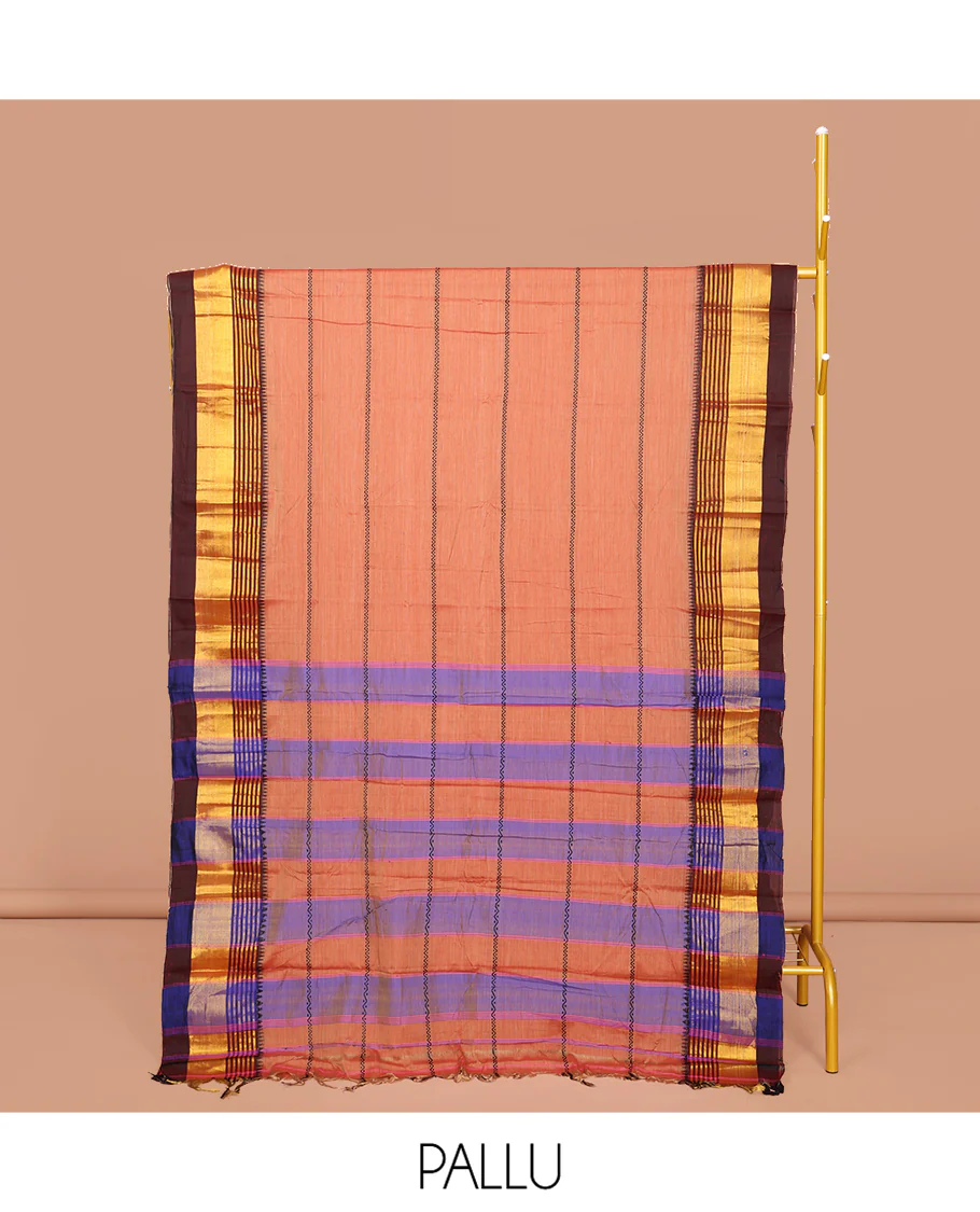 Peach Narayanpet Cotton Saree, Adorned with Veldhari Stripes, Complemented by a Contrast Temple Traditional Zari Design Border, Striped Pallu, and Comes Without a Blouse - Image 2