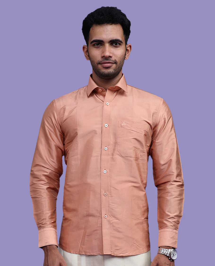 Peach plain design full-sleeve pure-silk shirt