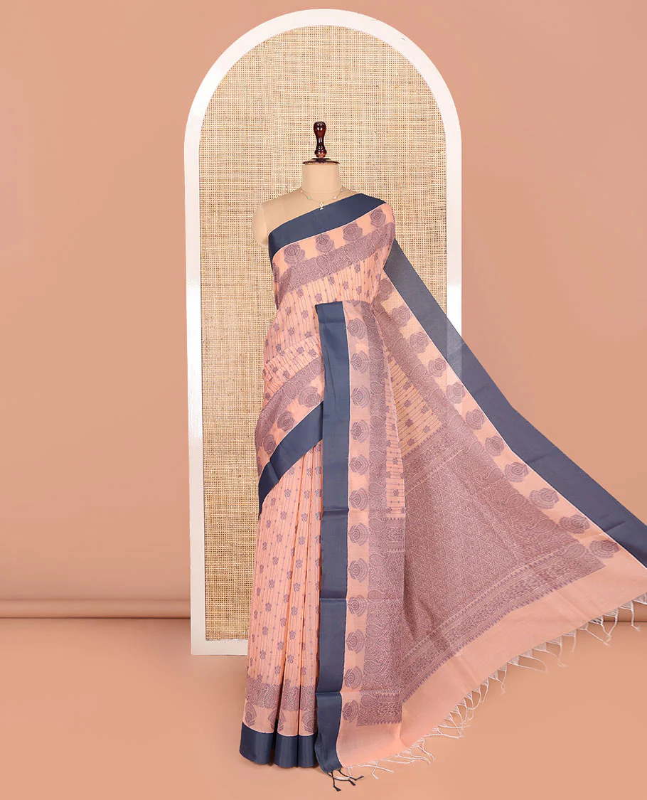 Peach Semi-Silk Cotton Saree, Detailed with Buttas and Stripes All Over Its Body, Complemented by Contrast Border, Pallu of Intricate Designs, and Paired with a Matching Blouse