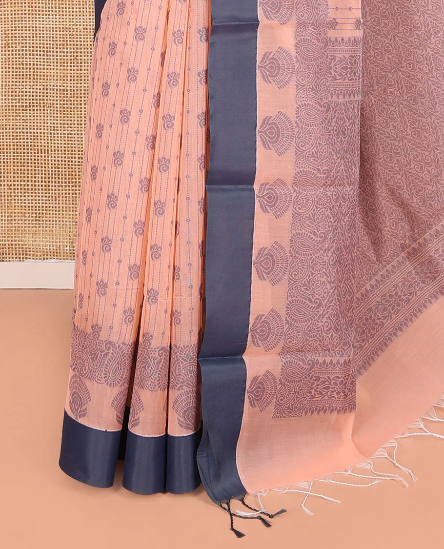 Peach Semi-Silk Cotton Saree, Detailed with Buttas and Stripes All Over Its Body, Complemented by Contrast Border, Pallu of Intricate Designs, and Paired with a Matching Blouse - Image 3