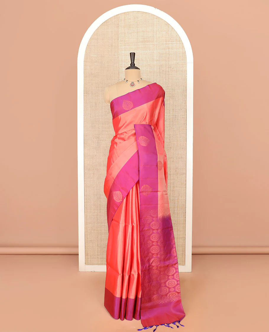 Peach Semi Uppada Saree Adorned with Zari Buttas, Complemented by a Contrasting Border of Leaf Buttas, Richly Woven Pallu Steeped with Chakram Designs, and Paired with a Contrast Blouse - Image 3