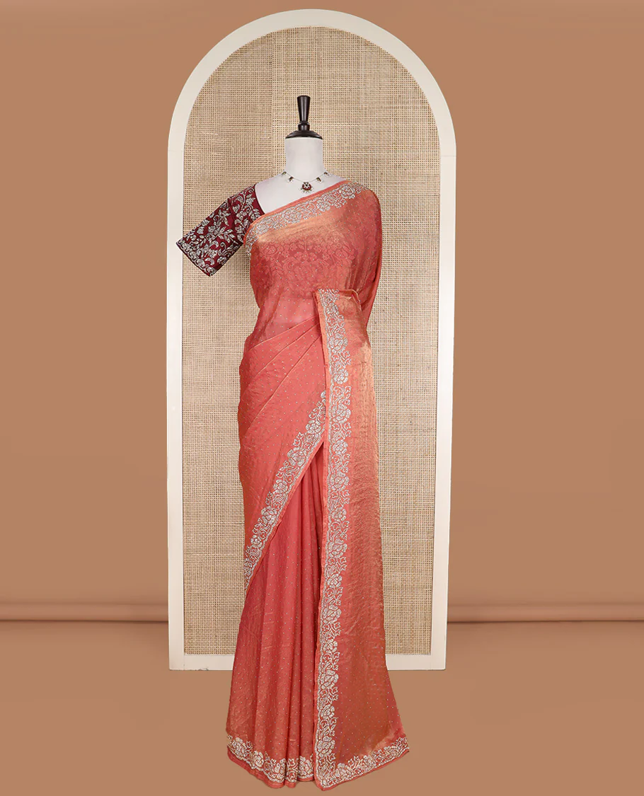Peach stone work designer saree, micro-stone work border, and a contrast half-sleeve blouse of floral vine design in micro stones - Image 2