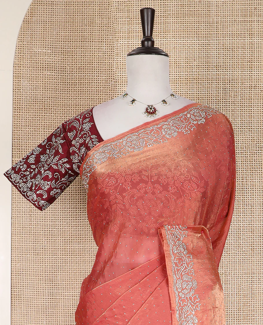 Peach stone work designer saree, micro-stone work border, and a contrast half-sleeve blouse of floral vine design in micro stones - Image 3