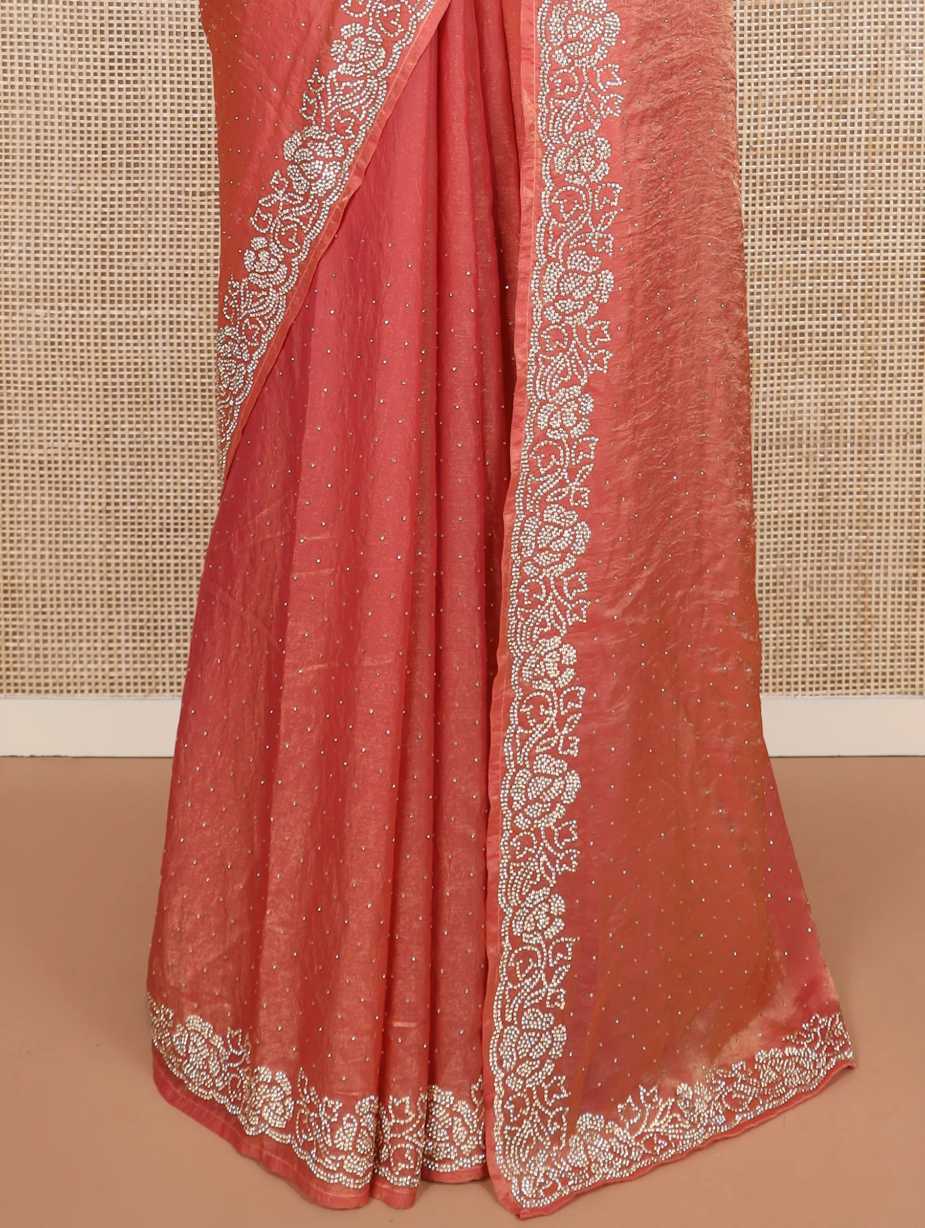 Peach stone work designer saree, micro-stone work border, and a contrast half-sleeve blouse of floral vine design in micro stones - Image 4