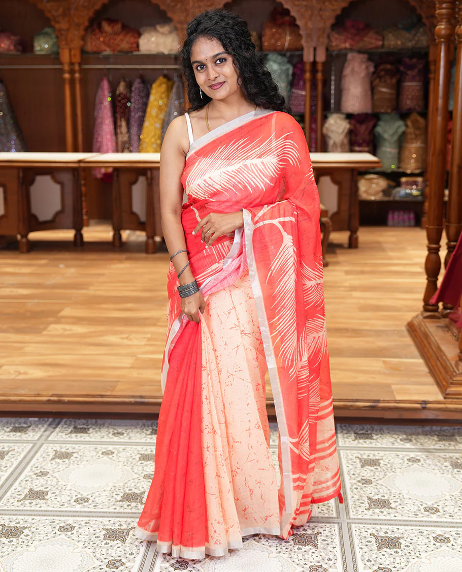Peach tropical leaf motifs batik printed linen cotton saree, piping border, batik printed pallu and a contrast batik printed blouse - Image 2