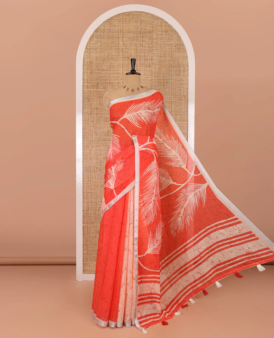 Peach tropical leaf motifs batik printed linen cotton saree, piping border, batik printed pallu and a contrast batik printed blouse - Image 4