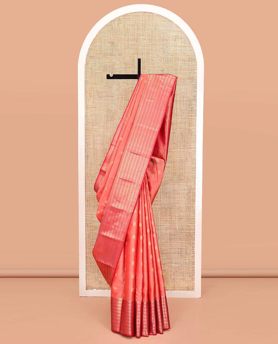 Peach Vasundhara Lite Silk Mix Saree, Adorned with Mayil and Chakram Buttas All Over Its Body, Complemented by Contrast Traditional Zari Designs Woven Border, Grand Geometric Patterned Pallu and Paired with a Contrast Blouse