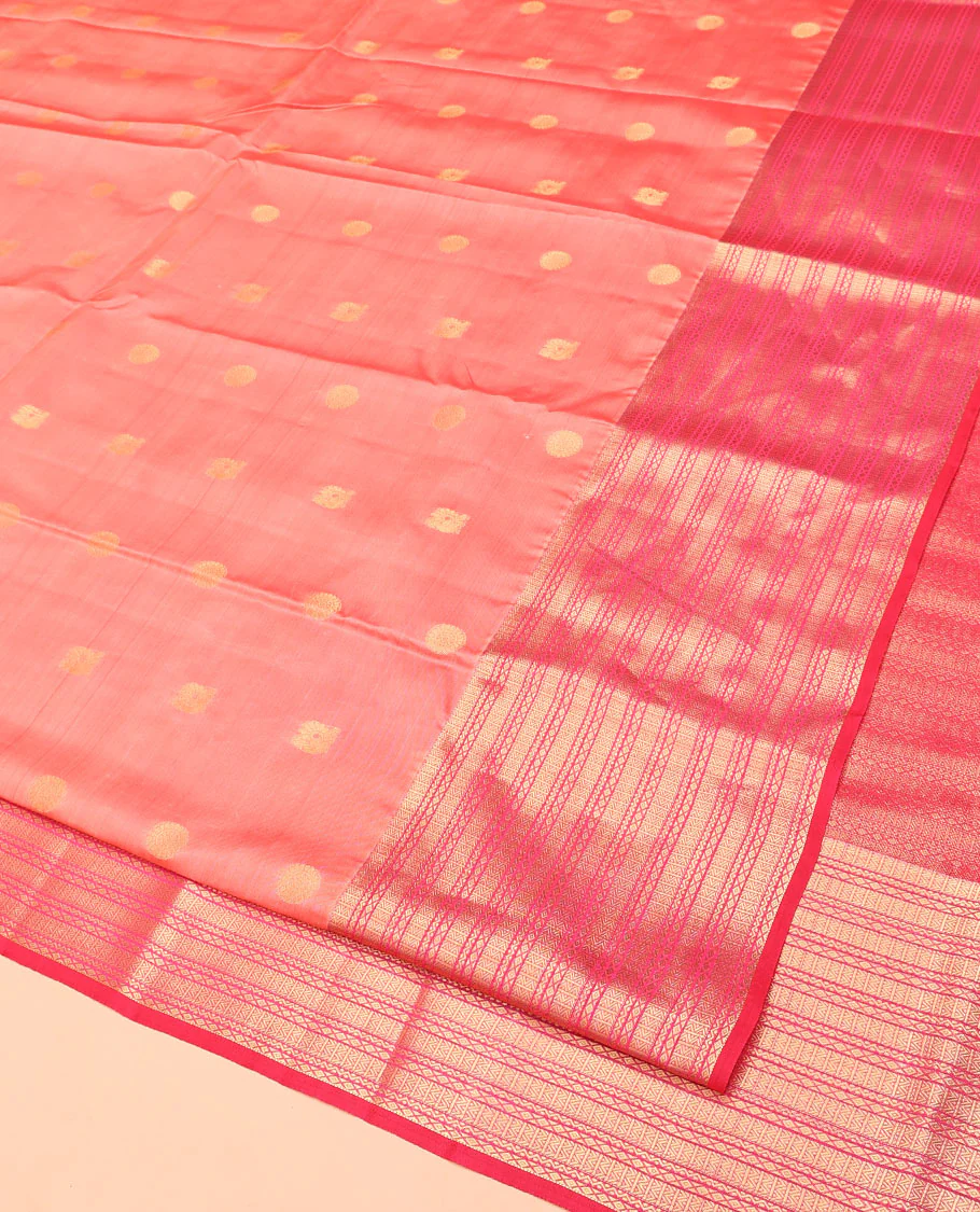 Peach Vasundhara Lite Silk Mix Saree, Adorned with Mayil and Chakram Buttas All Over Its Body, Complemented by Contrast Traditional Zari Designs Woven Border, Grand Geometric Patterned Pallu and Paired with a Contrast Blouse - Image 2