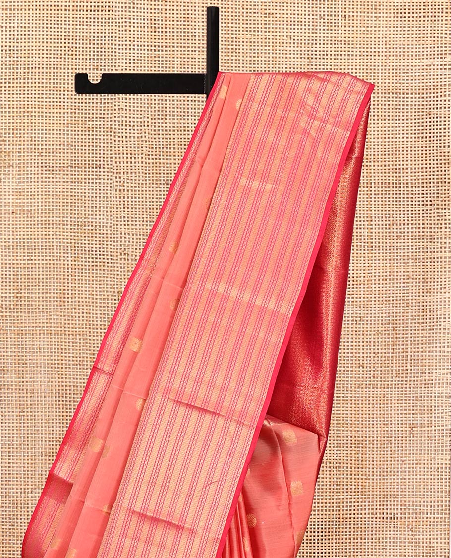 Peach Vasundhara Lite Silk Mix Saree, Adorned with Mayil and Chakram Buttas All Over Its Body, Complemented by Contrast Traditional Zari Designs Woven Border, Grand Geometric Patterned Pallu and Paired with a Contrast Blouse - Image 3