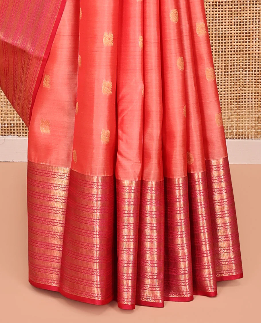 Peach Vasundhara Lite Silk Mix Saree, Adorned with Mayil and Chakram Buttas All Over Its Body, Complemented by Contrast Traditional Zari Designs Woven Border, Grand Geometric Patterned Pallu and Paired with a Contrast Blouse - Image 4