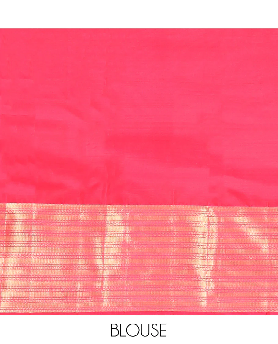 Peach Vasundhara Lite Silk Mix Saree, Adorned with Mayil and Chakram Buttas All Over Its Body, Complemented by Contrast Traditional Zari Designs Woven Border, Grand Geometric Patterned Pallu and Paired with a Contrast Blouse - Image 6