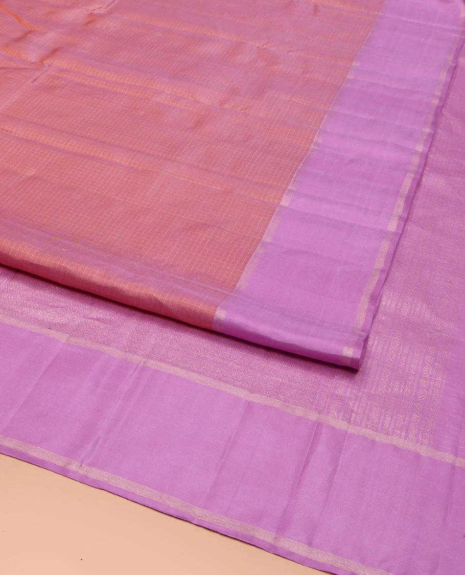 Peach Vasundhara Silk Saree, Bedecked with Zari Checks All Over Its Body, Complemented by Contrast Rettai Pettu Zari Stripes Border, Sparsely Woven Pallu of Jaal Designs, and Paired with a Contrast Blouse - Image 2
