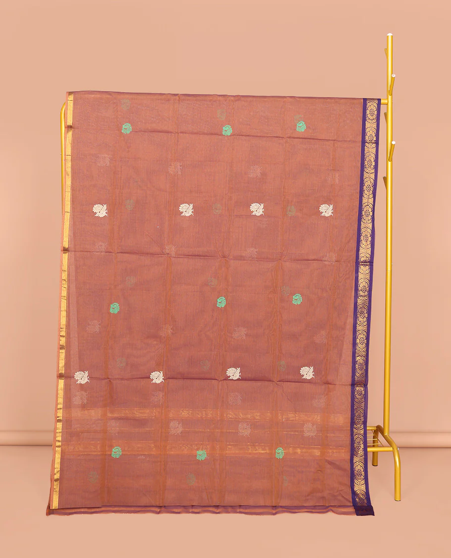 Peach Venkatagiri Cotton Saree, Woven with Buttas, a Contrast Floral Zari Border, Pallu of Buttas and Stripes, and No Blouse