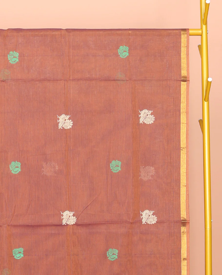Peach Venkatagiri Cotton Saree, Woven with Buttas, a Contrast Floral Zari Border, Pallu of Buttas and Stripes, and No Blouse - Image 3