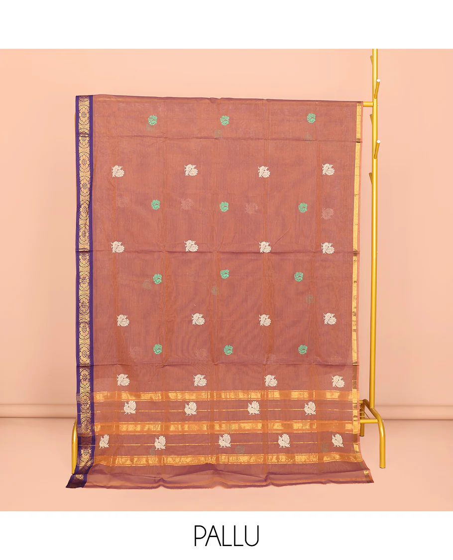 Peach Venkatagiri Cotton Saree, Woven with Buttas, a Contrast Floral Zari Border, Pallu of Buttas and Stripes, and No Blouse - Image 4