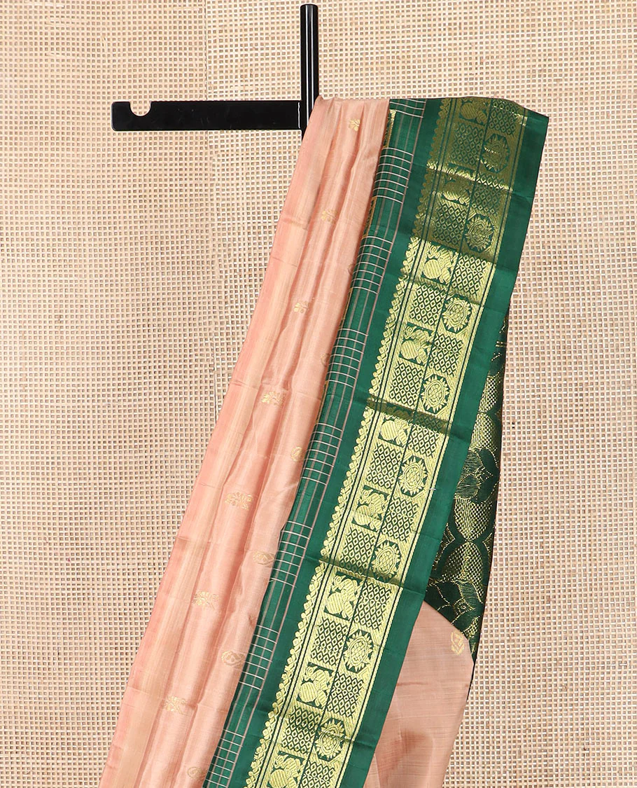 Peach zari buttas Kanchipuram silk saree, contrast one-sided thazampoo rekku checked border of salngai, banaras, mayil chakra and then kuli kann designs, and zari design pallu - Image 3
