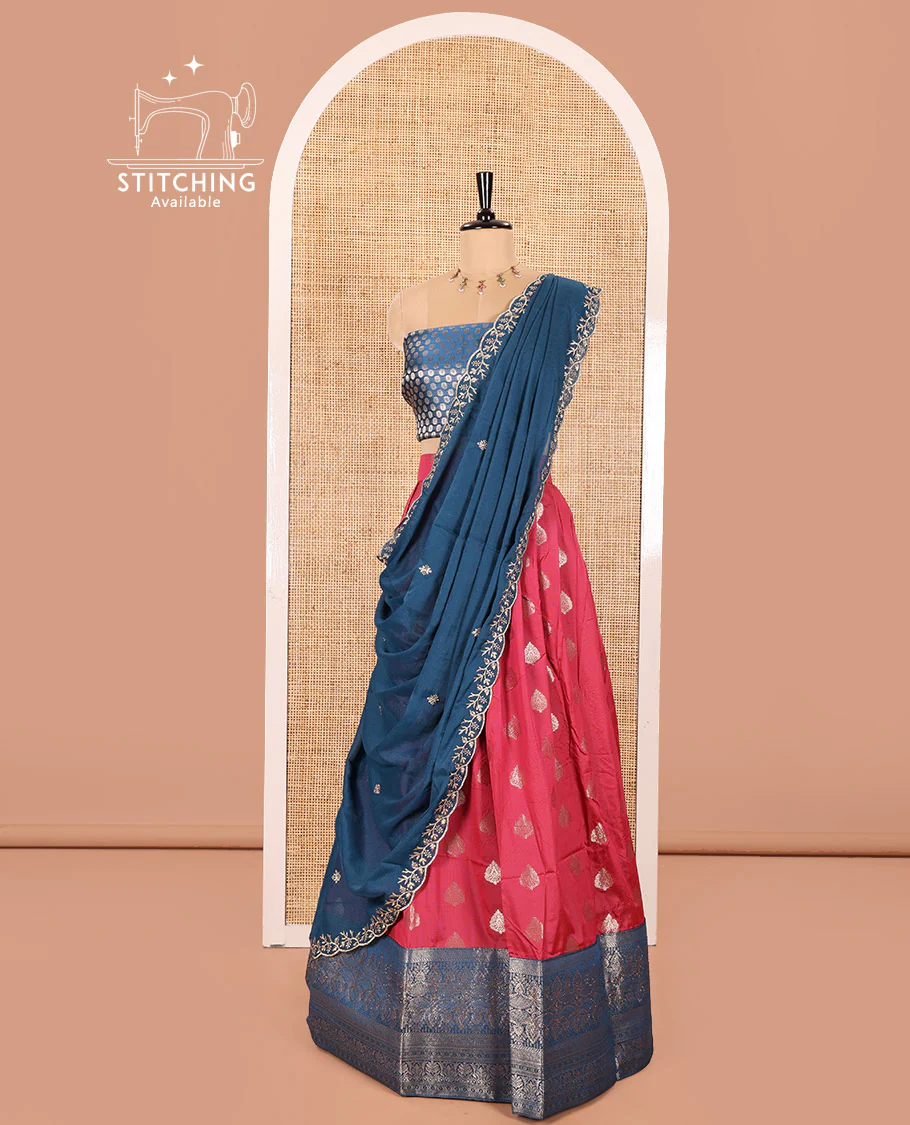 Peacock Blue and Rani Pink Semi-Banaras Silk Half-Saree Featuring Zari Buttas All Over the Skirt, Highlighted with a Contrast Traditional Zari Design Border, Rudraksham Motifs Woven Blouse, and a Shimmer Georgette Scallop-Embroidered Dhavani - Image 3