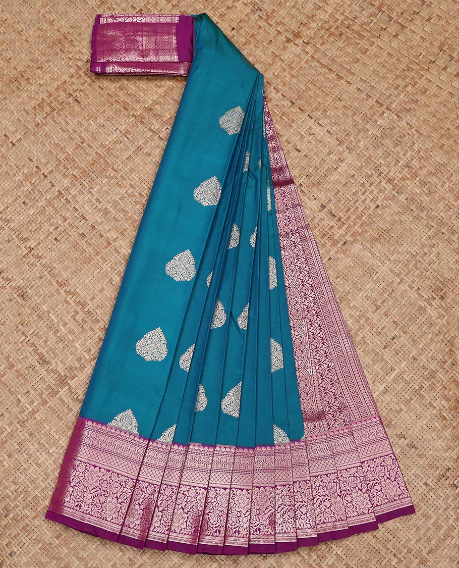 Peacock Blue Budget Silk Saree, Enriched with Zari Buttas on Its Body, Complemented by a Contrast Traditional Zari Design Border, Intricately Designed Pallu, and Paired with a Contrast Blouse - Image 2