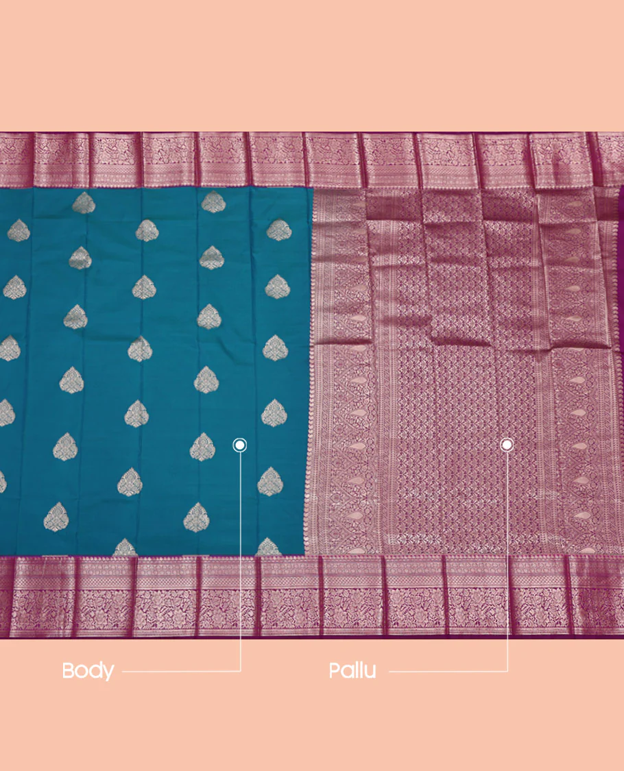 Peacock Blue Budget Silk Saree, Enriched with Zari Buttas on Its Body, Complemented by a Contrast Traditional Zari Design Border, Intricately Designed Pallu, and Paired with a Contrast Blouse - Image 3