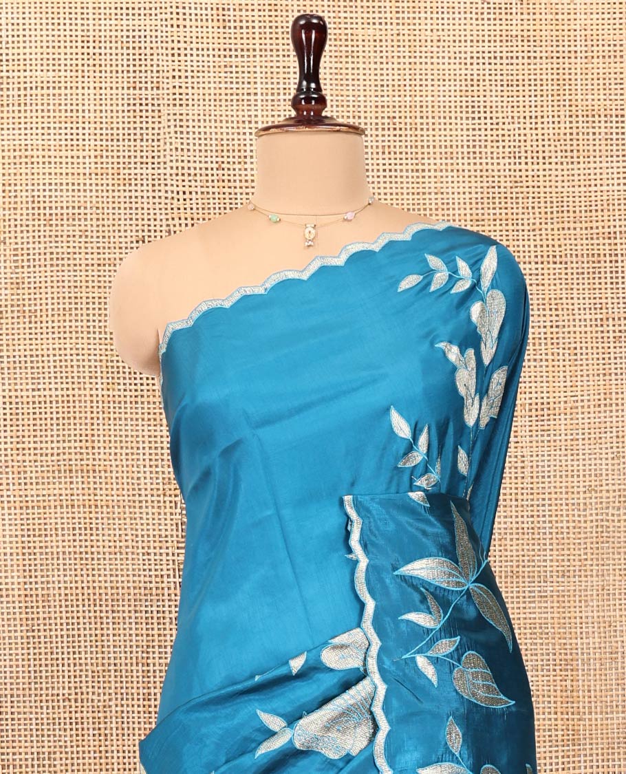 Peacock Blue Dupion Silk Saree, Delicately Decked Up with Floral-Leaf Vine Embroidered On Its Body, Subtle Scallop Border, Artfully Floral Embroidered Pallu, and Paired with a Plain Blouse - Image 2