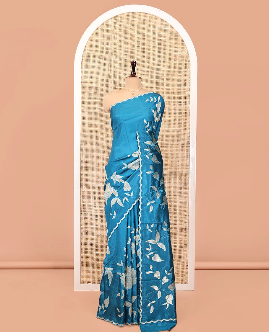 Peacock Blue Dupion Silk Saree, Delicately Decked Up with Floral-Leaf Vine Embroidered On Its Body, Subtle Scallop Border, Artfully Floral Embroidered Pallu, and Paired with a Plain Blouse - Image 3