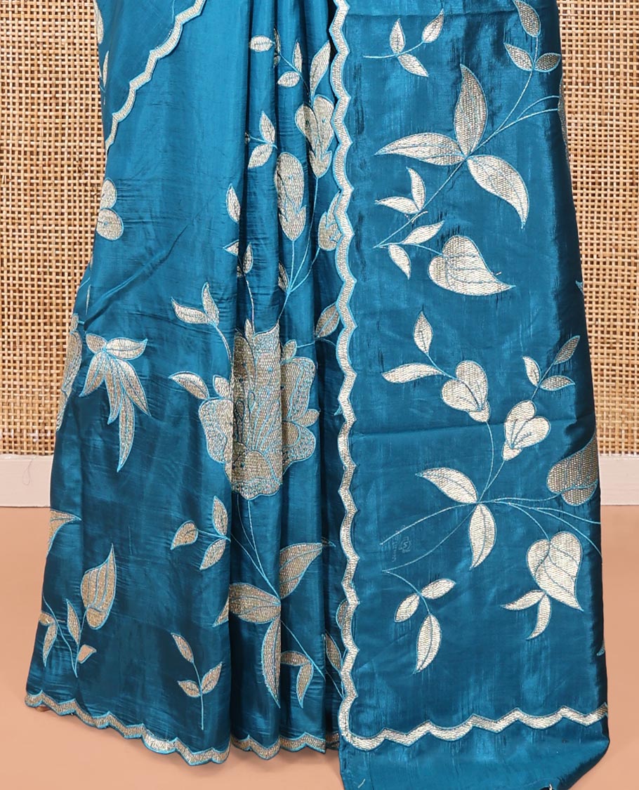 Peacock Blue Dupion Silk Saree, Delicately Decked Up with Floral-Leaf Vine Embroidered On Its Body, Subtle Scallop Border, Artfully Floral Embroidered Pallu, and Paired with a Plain Blouse - Image 4