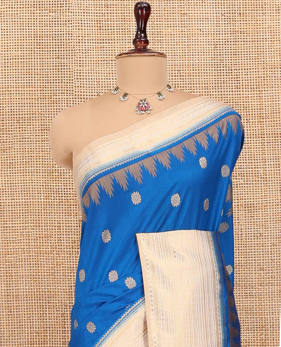 Peacock Blue Dupion Silk Saree, Ornamented with Zari Buttas All Over Its Body, Complemented by a Contrast Temple Traditional Zari Design Woven Border, Traditional Pallu of Temple Designs, and Paired with a Contrast Blouse - Image 2