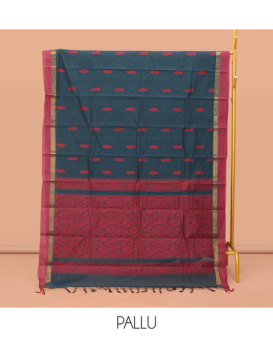 Peacock Blue Kanchi Cotton Saree, Featuring Buttas on Its Body, Contrast Border, Pallu of Floral Design, and a Matching Blouse - Image 3