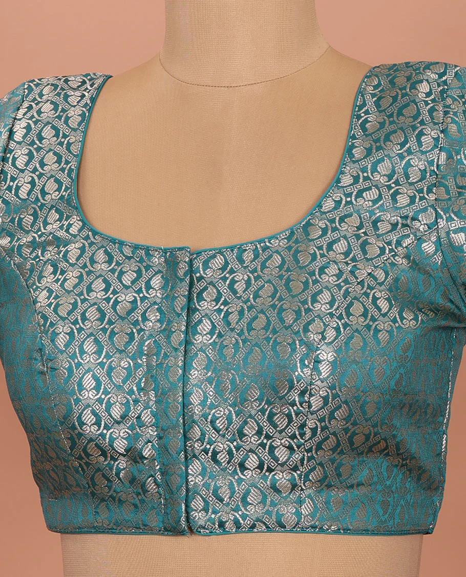 Peacock blue paisleys-theme jacquard front-back round neck elbow-sleeve readymade blouse - Image 2