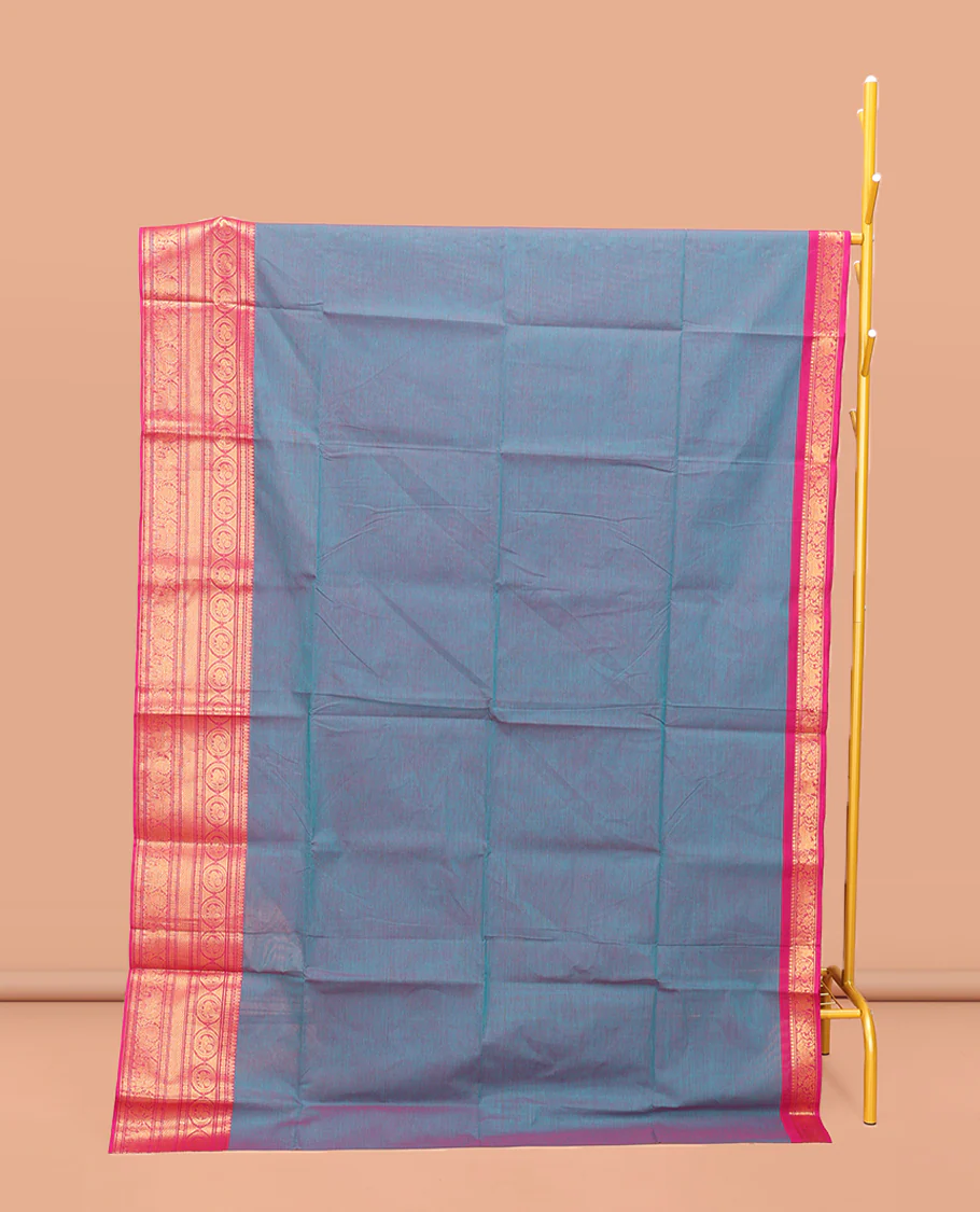 Peacock Blue Plain Chettinad Cotton Saree, Complemented by a Contrast Traditional Zari Design Border, Pallu of Stripes, and Paired with a Matching Blouse
