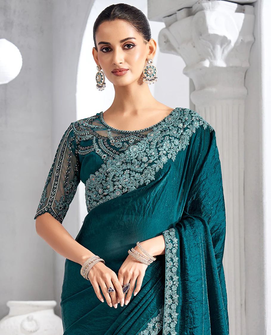 Peacock blue plain designer saree, floral scallop embroidered border, and self-pallu - Image 2