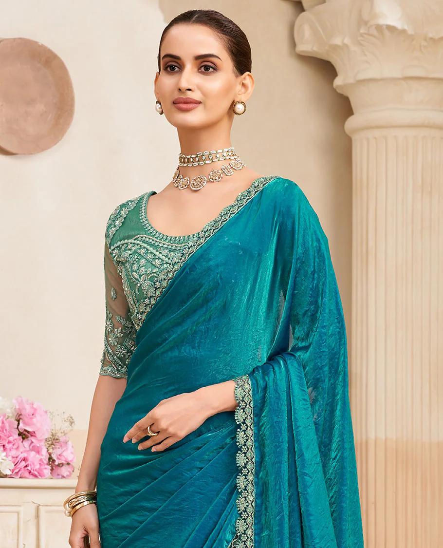 Peacock blue plain designer saree, scallop floral embroidered border - Image 2