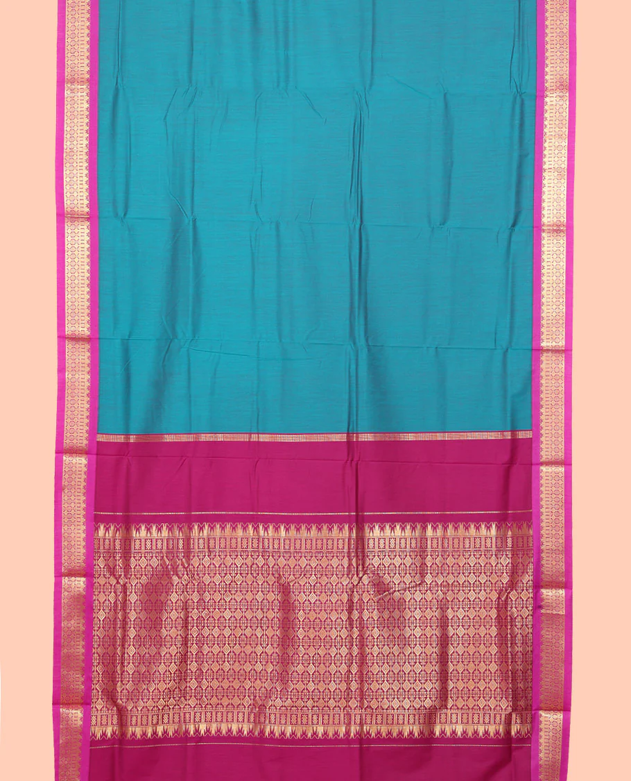 Peacock Blue Plain Nine Yard Cotton Saree, Complemented by Contrast Traditional Zari Design Border, Pallu of Traditional Designs, and Comes Without a Blouse - Image 2