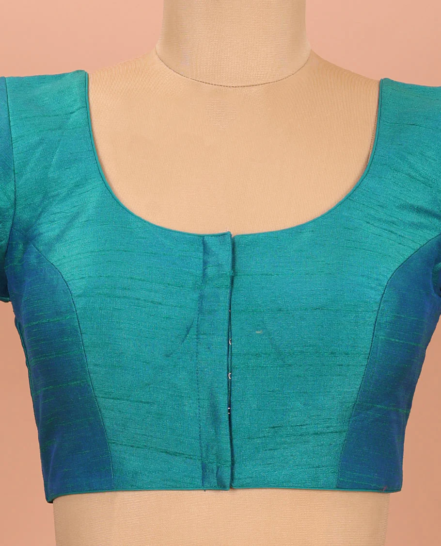 Peacock Blue Plain Readymade Blouse Featuring a Front Round-Neck, Back Round-Neck, and Elbow Sleeves - Image 3