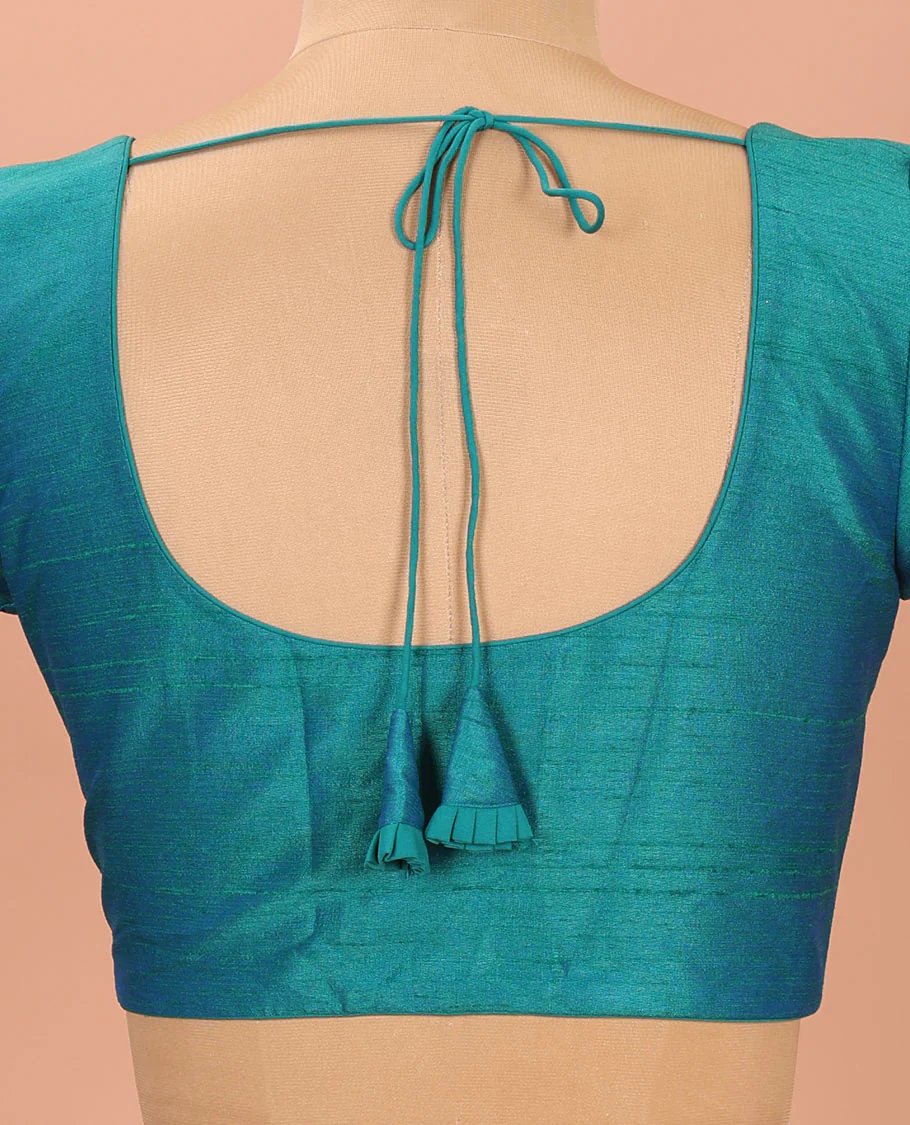 Peacock Blue Plain Readymade Blouse Featuring a Front Round-Neck, Back Round-Neck, and Elbow Sleeves - Image 4