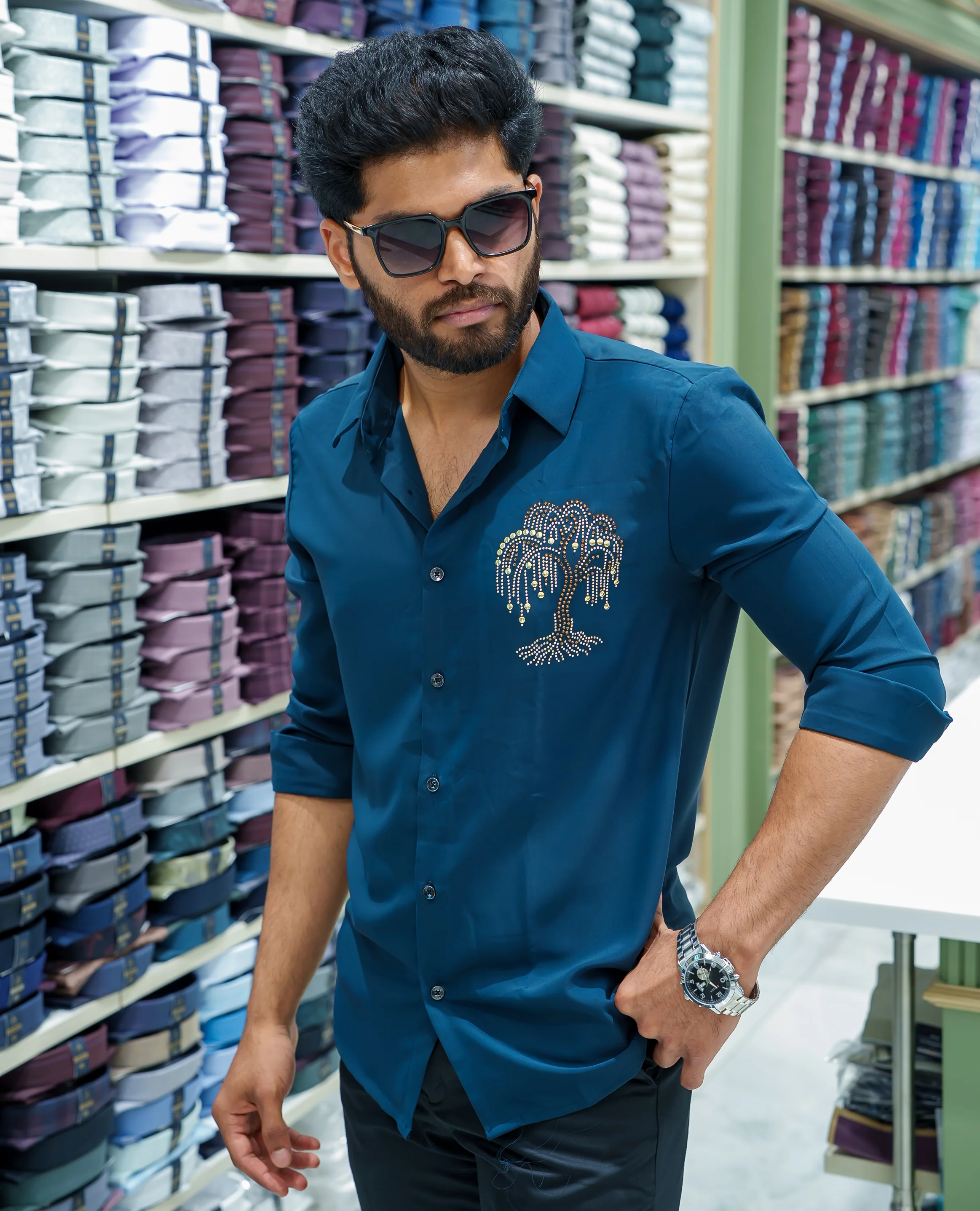 Peacock Blue Poly Blended Party Wear Shirt, Decorated with Tree-Motif Embroidery, Featuring a Spread Collar, Full Sleeves, Slim Fit, and Regular Length - Image 3