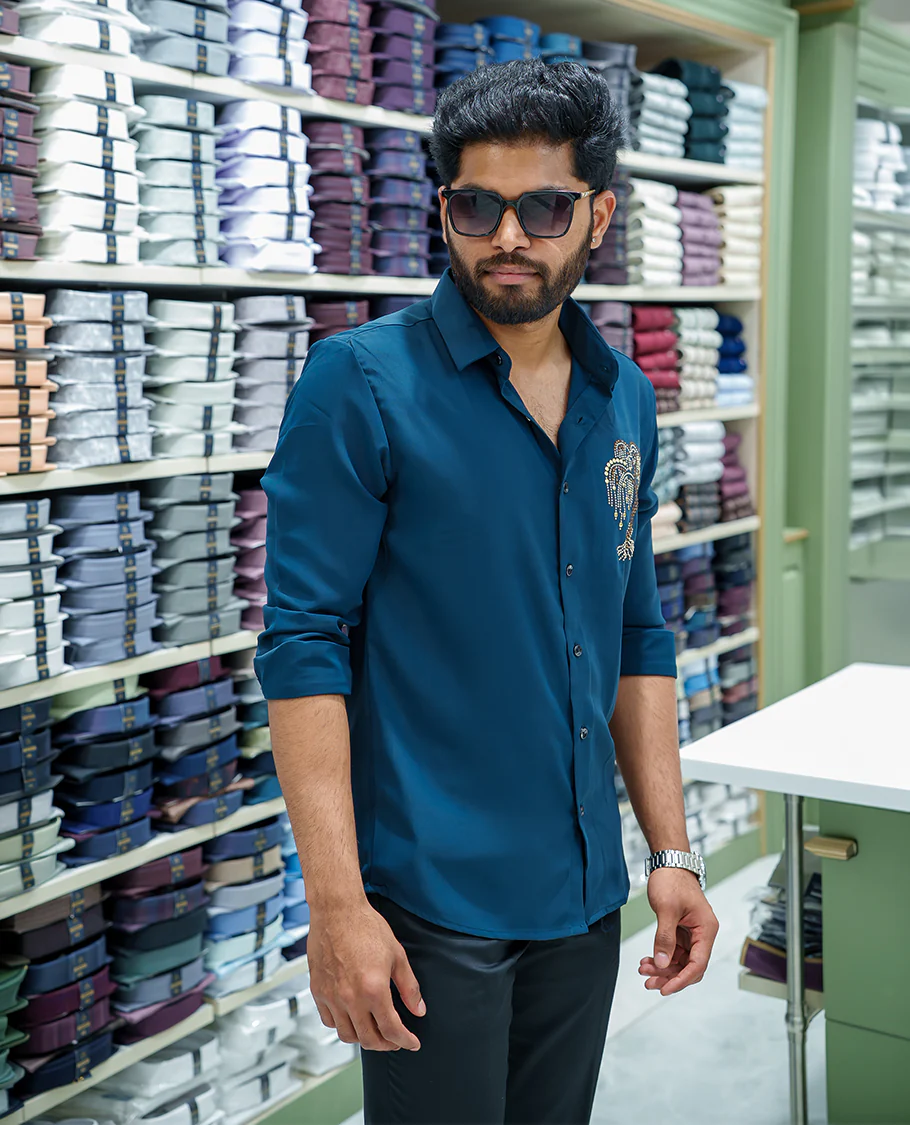 Peacock Blue Poly Blended Party Wear Shirt, Decorated with Tree-Motif Embroidery, Featuring a Spread Collar, Full Sleeves, Slim Fit, and Regular Length - Image 4