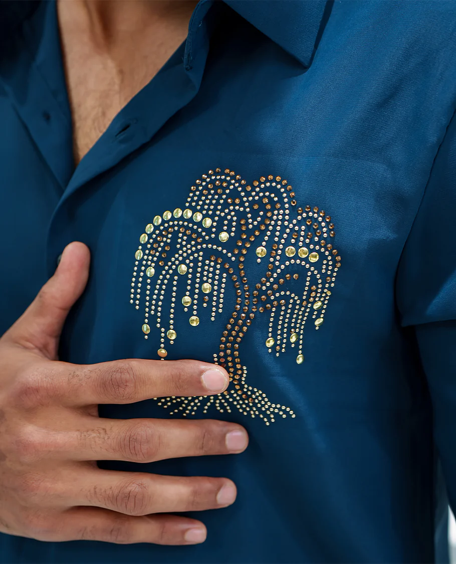Peacock Blue Poly Blended Party Wear Shirt, Decorated with Tree-Motif Embroidery, Featuring a Spread Collar, Full Sleeves, Slim Fit, and Regular Length - Image 6