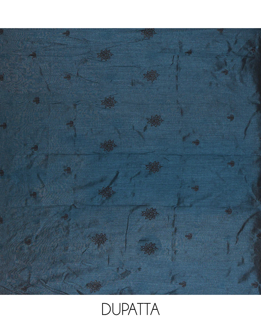 Peacock Blue Vichitra Silk Material Chudidar Set Featuring Sequins-Thread-Embroidered Top, a Santoon Bottom, and a Matching Scallop-Embroidery Dupatta - Image 2
