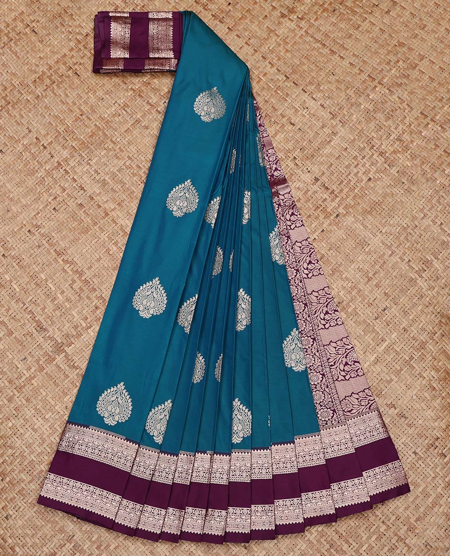 Peacock Color Budget Silk Saree, Bedecked with Zari Buttas on Its Body, Complemented by a Contrast Traditional Zari Design Rettai Pettu Border, Intricately Designed Pallu, and Paired with a Contrast Blouse - Image 2
