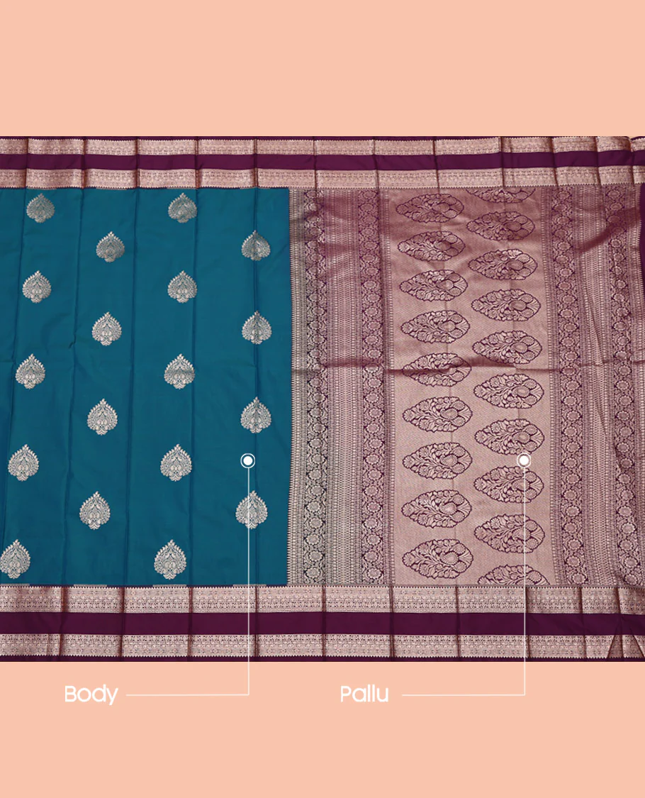 Peacock Color Budget Silk Saree, Bedecked with Zari Buttas on Its Body, Complemented by a Contrast Traditional Zari Design Rettai Pettu Border, Intricately Designed Pallu, and Paired with a Contrast Blouse - Image 3