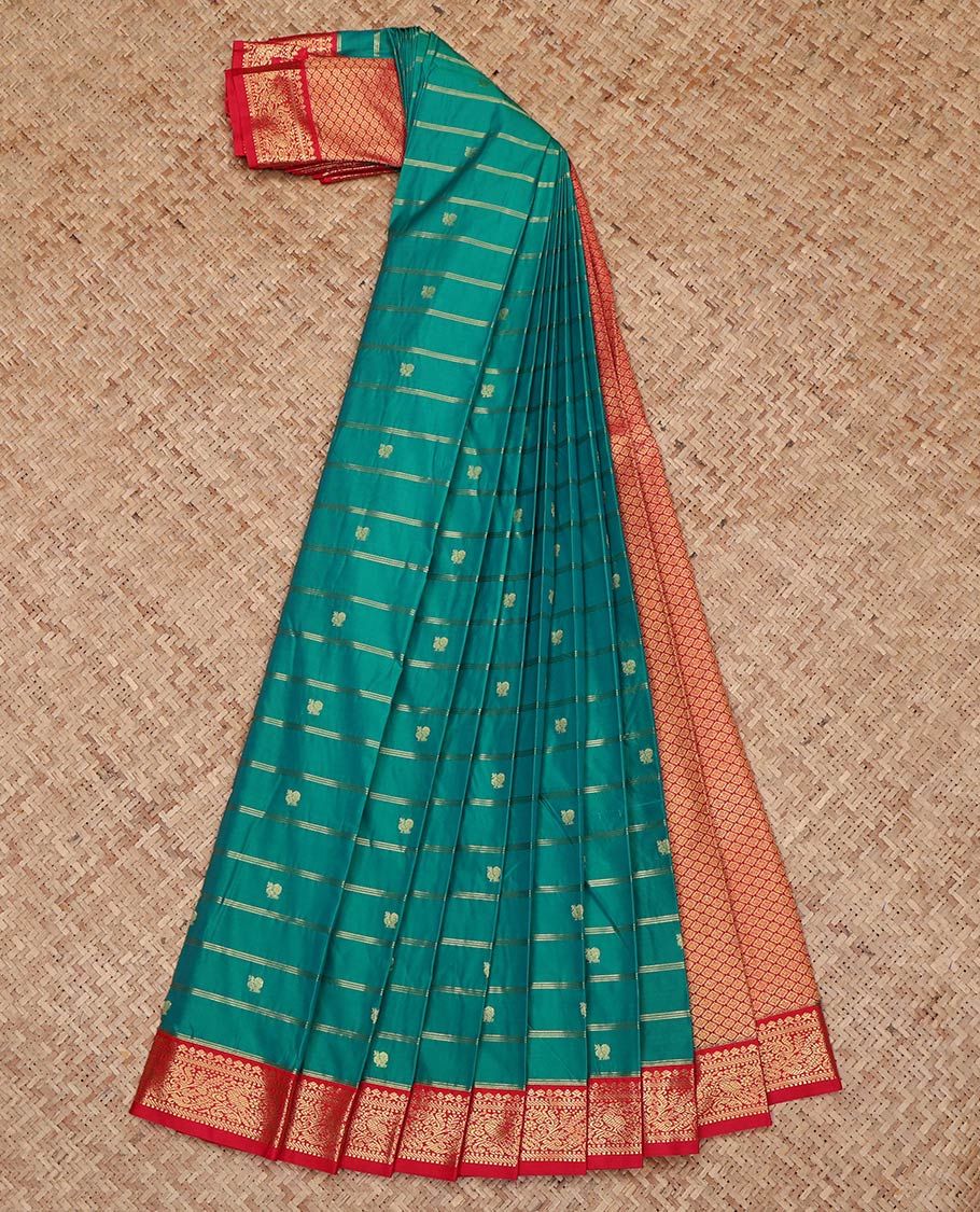 Peacock Color Budget Silk Saree, Woven with Zari Buttas and Zari Stripes on Its Body, Complemented by a Contrast Traditional Zari Design Border, Grand Jaal Pallu, and Paired with a Contrast Blouse - Image 2