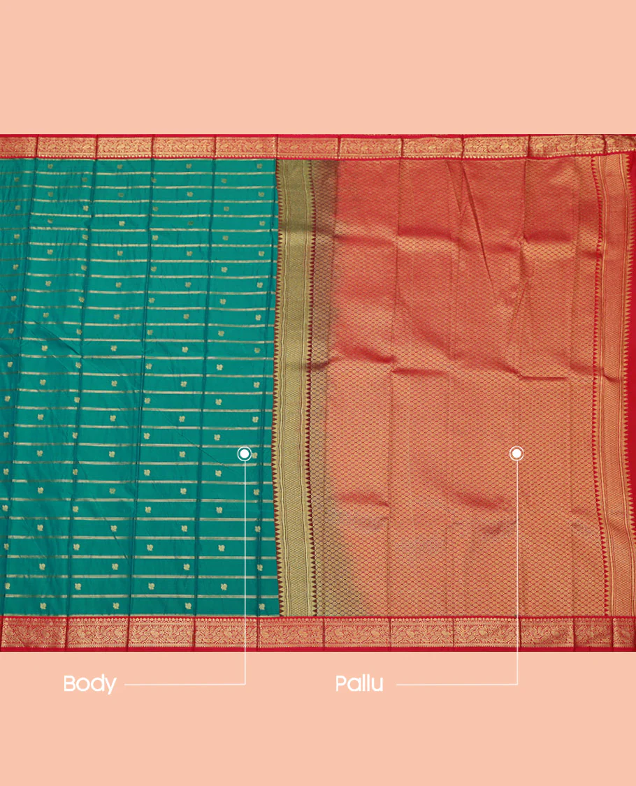 Peacock Color Budget Silk Saree, Woven with Zari Buttas and Zari Stripes on Its Body, Complemented by a Contrast Traditional Zari Design Border, Grand Jaal Pallu, and Paired with a Contrast Blouse - Image 3