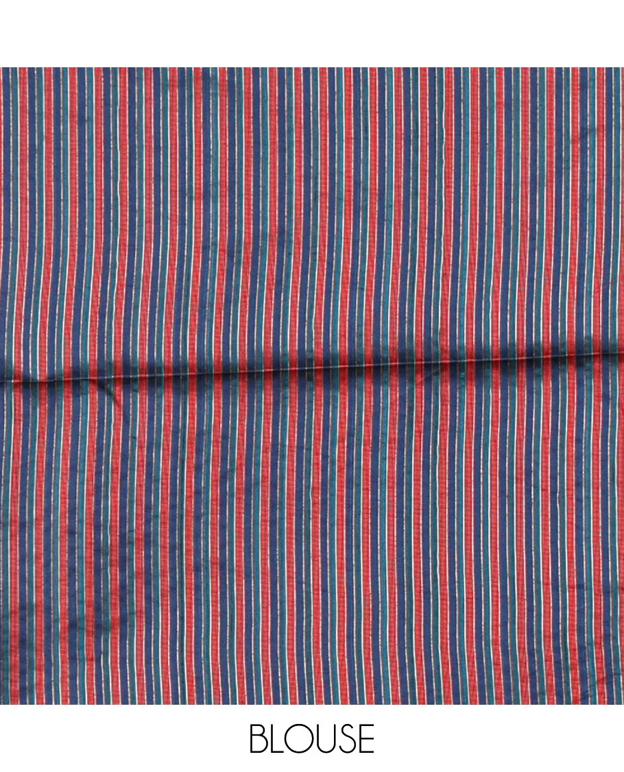 Peacock color thread buttas woven jute cotton saree, multi-color temple border, striped pallu, and a matching striped blouse - Image 4