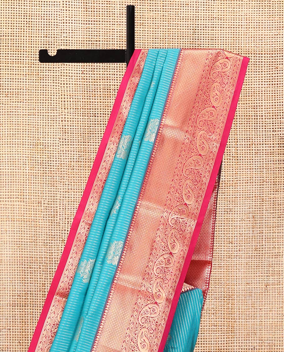 Peacock Green and Rani Pink Budget Silk Saree, Embellished with Vaira Oosi Stripes and Zari Buttas All Over Its Body, Complemented by Contrast Traditional Zari Designs Woven Border of Paisleys, Grand Pallu and Paired with a Contrast Blouse - Image 3