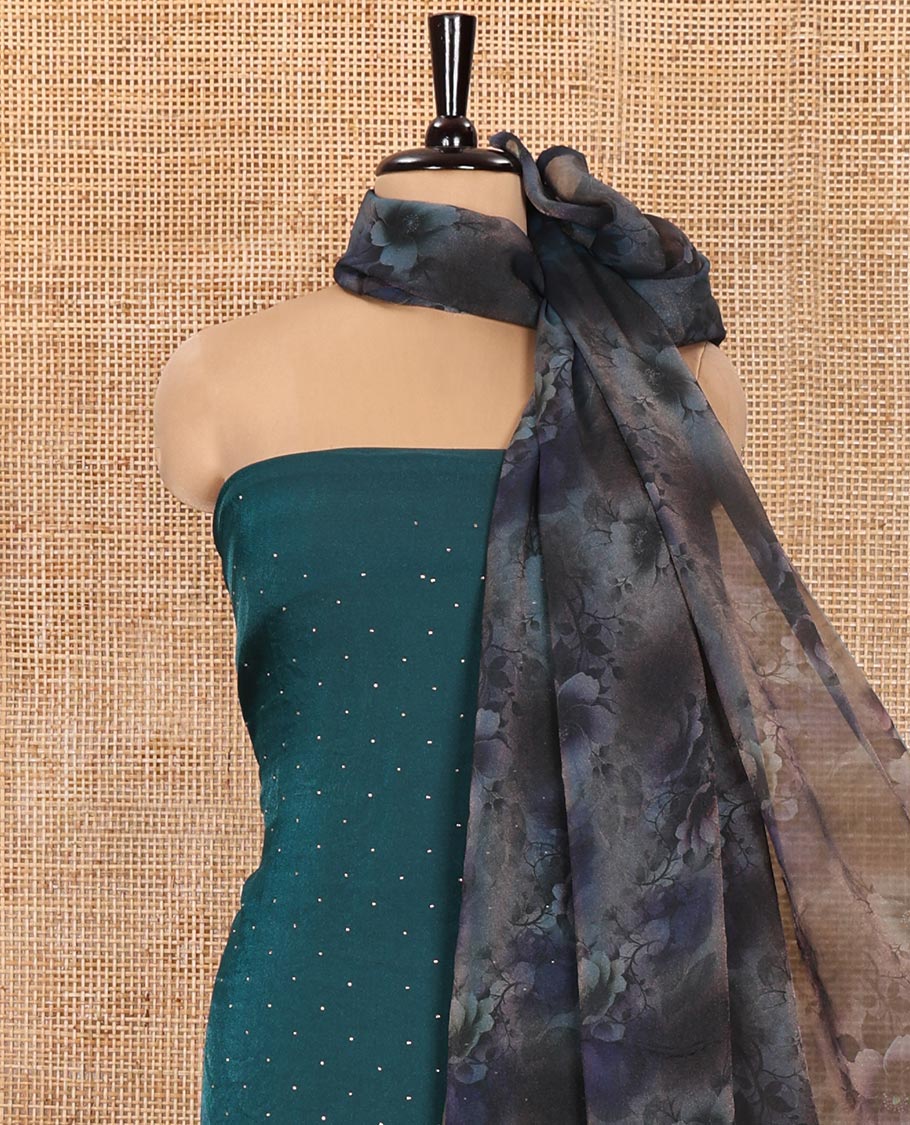 Peacock Green Material Churidar Set, Adorned with Swarovski Stone Work Nc Moss Organza Top, Comes with a Plain Santoon Bottom, and Floral Printed Nc Moss Organza Dupatta - Image 3